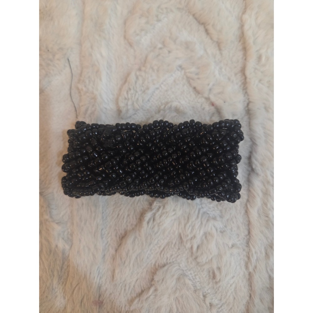 Black Seed Bead Multi Strand Stretch Bracelet Wide Woven Cuff Statement Jewelry